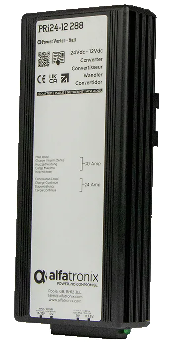 Alfatronix PRi24-12 288 DC/DC-Spannungswandler mit schwarzem Kühlrippengehäuse und weißem Typenschild.
