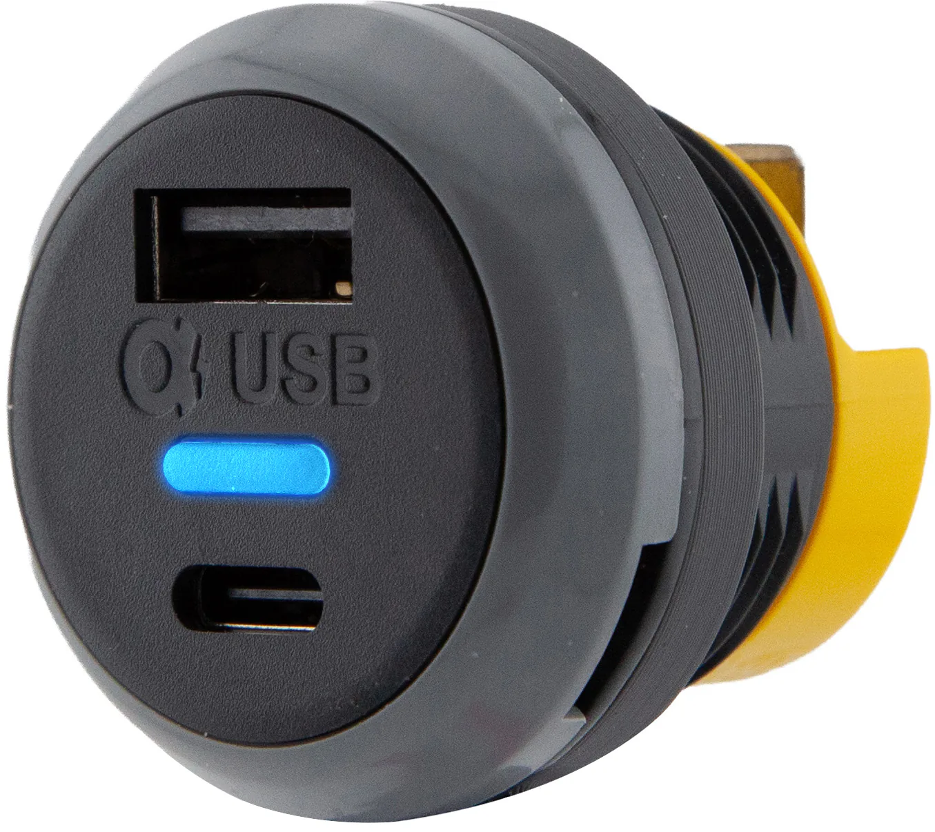 Alfatronix PVPWp-AC USB-Ladegerät zum Fahrzeugeinbau mit runder Front, einem USB-A- und einem USB-C-Anschluss und blauer Anzeige.
