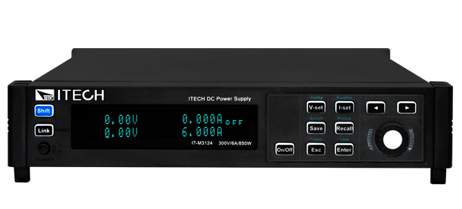 Serienabbildung ITECH IT-M3100: DC-Labornetzgerät in Frontansicht mit kompaktem Gehäuse und Display für Labortests und Bauteilprüfung.