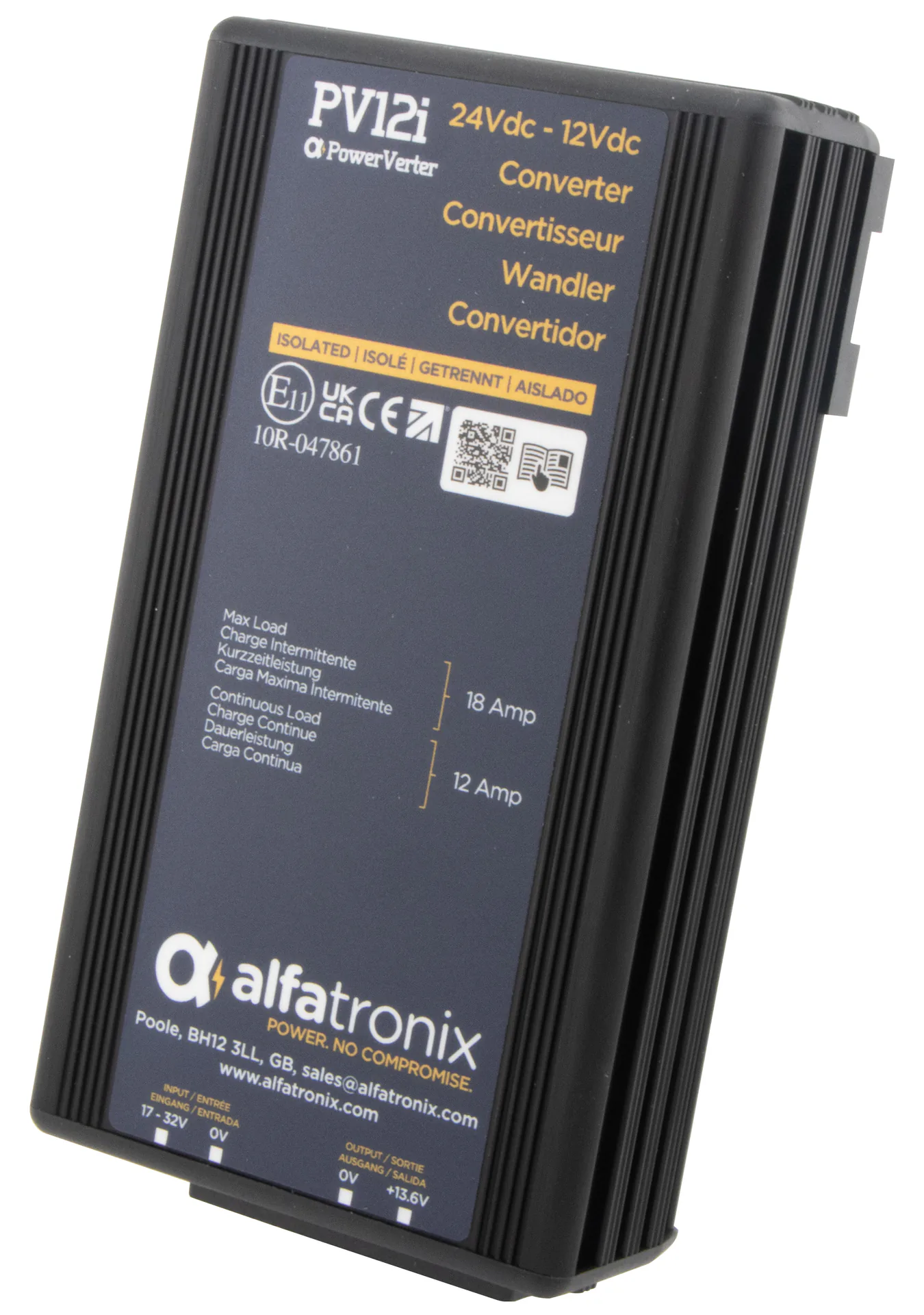 Alfatronix PV12i DC/DC-Spannungswandler mit schwarzem Kühlrippengehäuse und sichtbarem Typenschild.