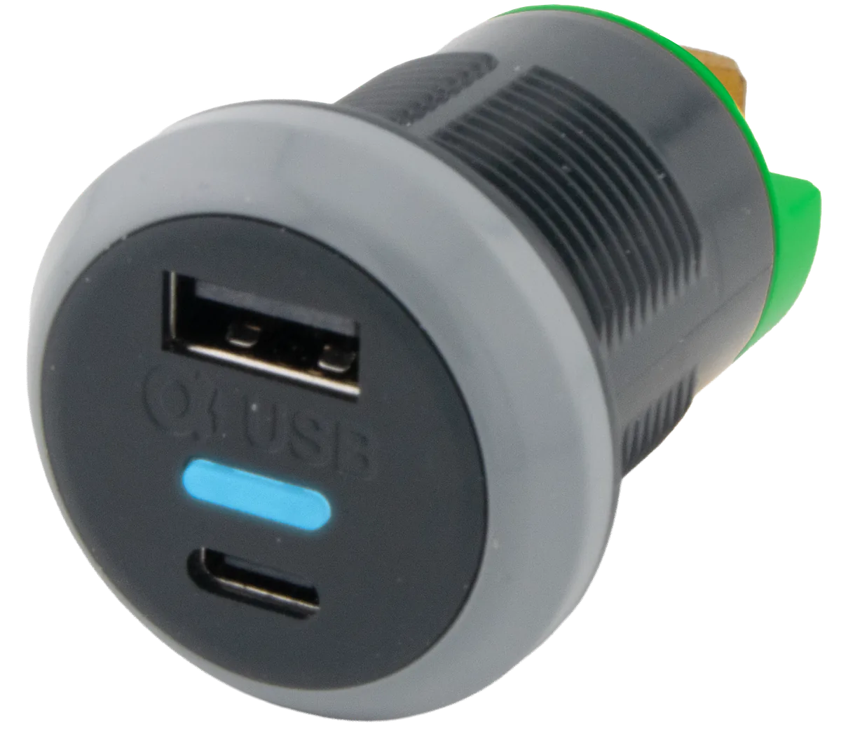 Alfatronix PR65R-AC USB-Ladegerät für Schienenfahrzeuge mit USB-A und USB-C.