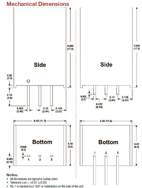 Anschlusszeichnung zu MicroPower Direct SRU7805W-Serie: Schaltregler im SIP-Gehäuse zur Spannungsregelung und Leiterplattenversorgung.