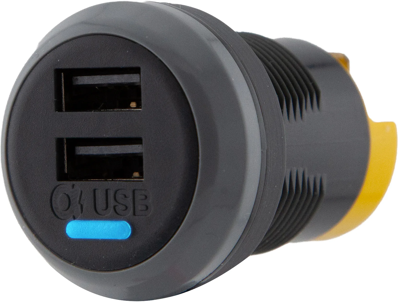 Alfatronix PV65R-AA USB-Ladegerät zum Fahrzeugeinbau mit runder Front, zwei USB-A-Anschlüssen und blauer Anzeige.