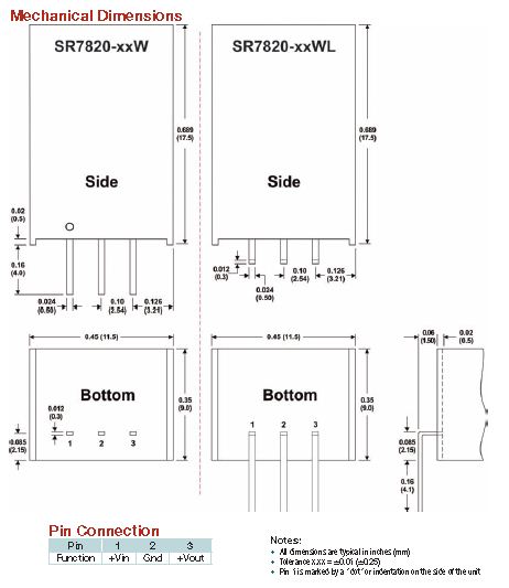 Anschlusszeichnung zu MicroPower Direct SR7820-Serie: Schaltregler im SIP-Gehäuse zur Spannungsregelung und Leiterplattenversorgung.