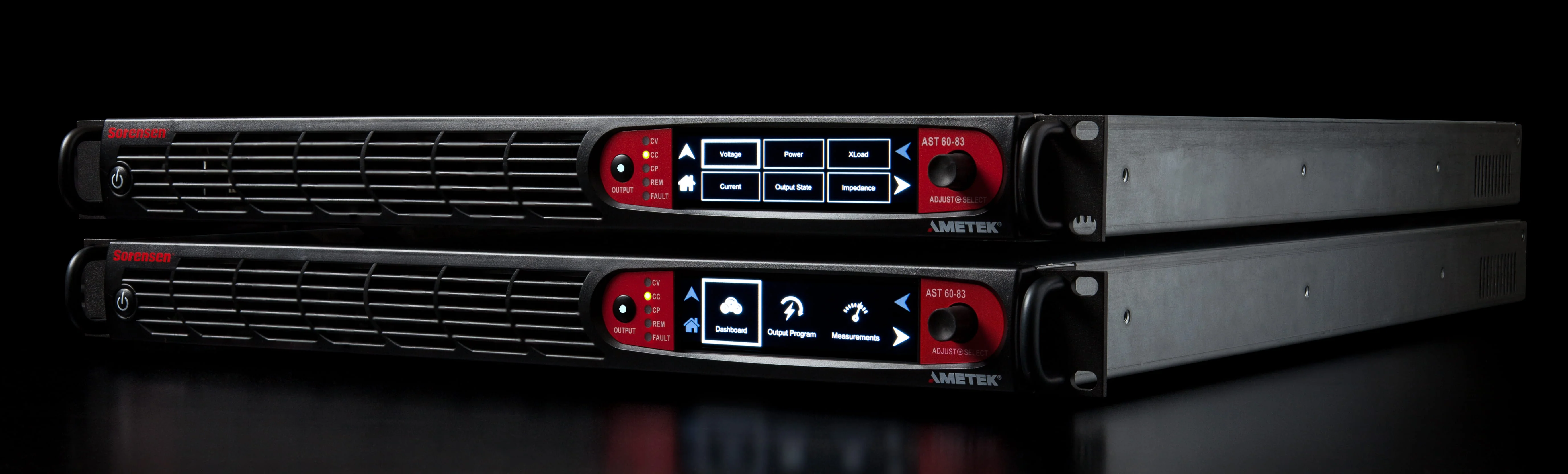 Zwei programmierbare Sorensen (AMETEK) Asterion DC-Netzgeräte für Elektronikprüfung, Batterieladung und automatisierte Produkttests, übereinander vor dunklem Hintergrund.