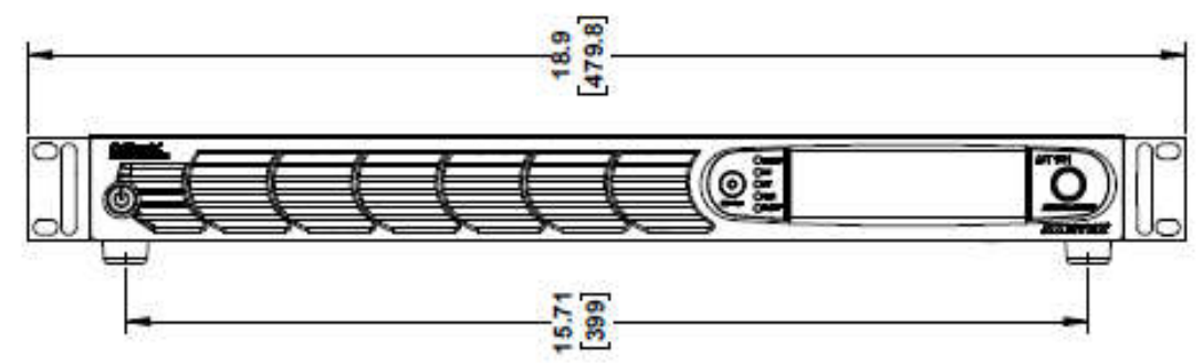 Technische Frontzeichnung einer California Instruments (AMETEK) Asterion AC in 1U-Bauform, Enhanced-Serienbeispiel für Netzsimulation, Labortests und automatisierte Prüfstände.