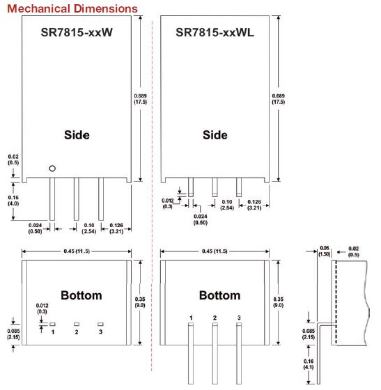 Anschlusszeichnung zu MicroPower Direct SR7815-Serie: Schaltregler im SIP-Gehäuse zur Spannungsregelung und Leiterplattenversorgung.