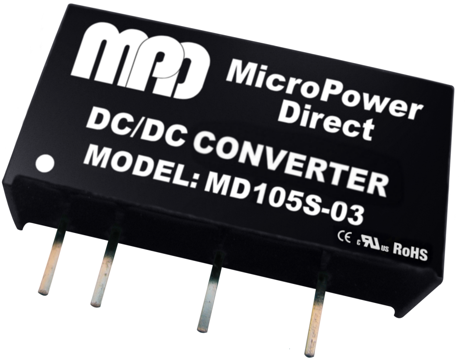 Produktabbildung zu MicroPower Direct MD105S-03xx: DC/DC-Wandler im SIP-Gehäuse für industrielle Stromversorgung im OEM-Gerätebau.