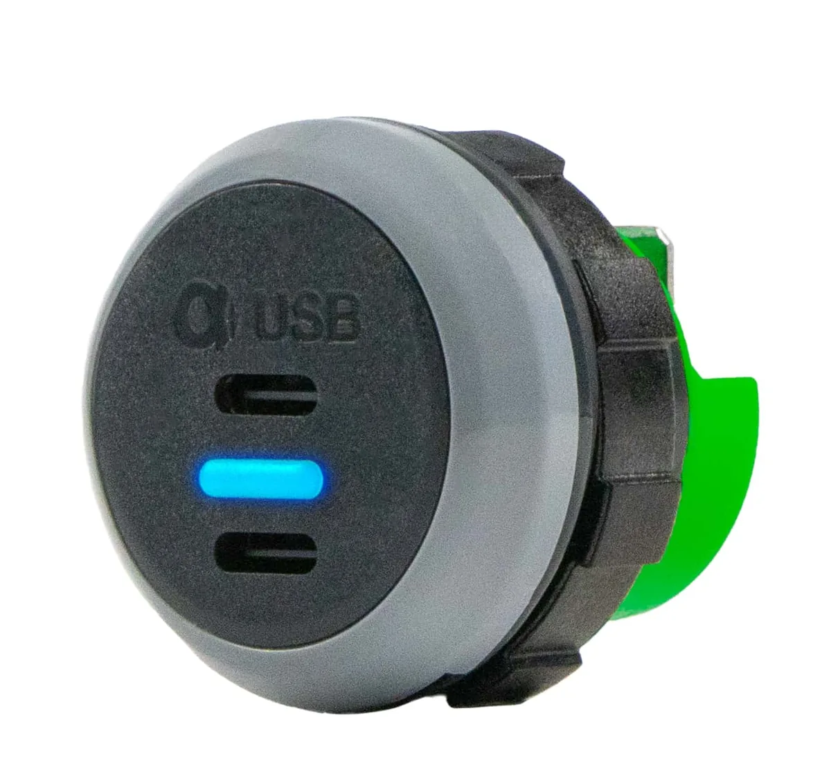 Alfatronix PRPWp-CC USB-Ladegerät für Schienenfahrzeuge mit zwei USB-C-Anschlüssen.