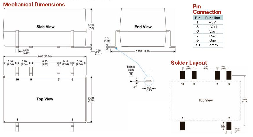 Anschlusszeichnung zu MicroPower Direct LSR7805-Serie: DC/DC-Wandler in SMD-Bauform für industrielle Stromversorgung im OEM-Gerätebau.