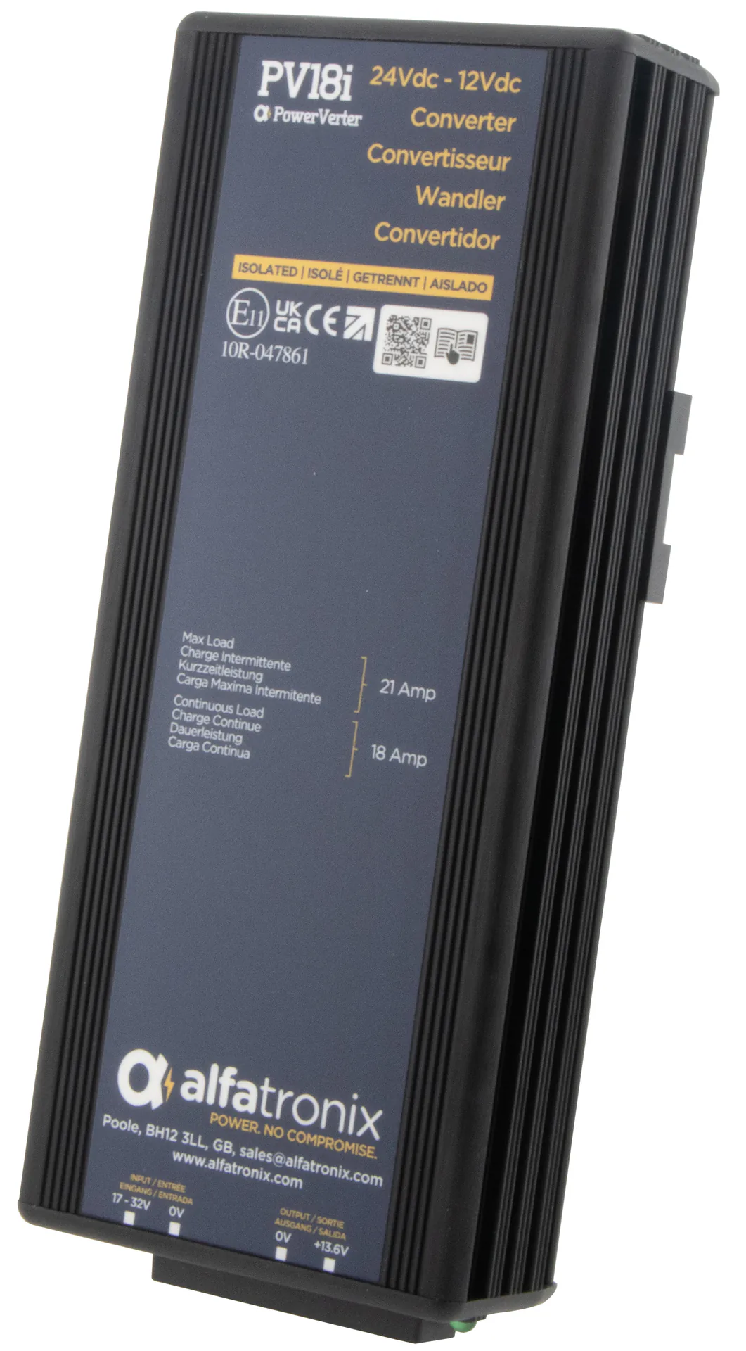 Alfatronix PV18i DC/DC-Spannungswandler mit schwarzem Kühlrippengehäuse und sichtbarem Typenschild.