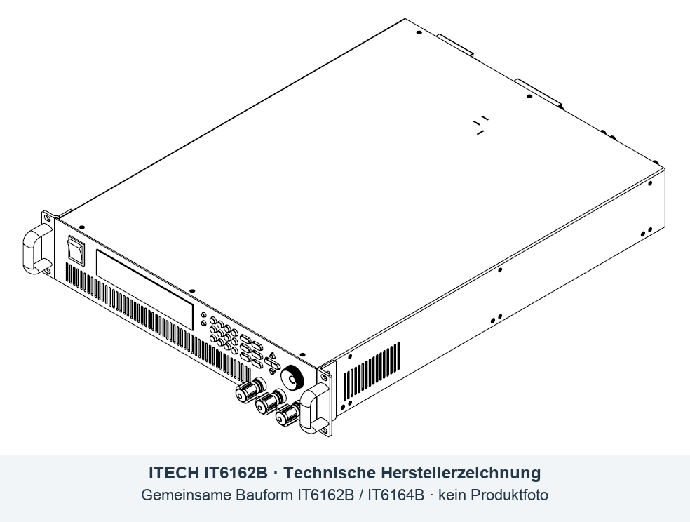 Technische Herstellerzeichnung des ITECH IT6162B Präzisions-DC-Netzgeräts in 19-Zoll-Bauform für Leistungsmodultests und Elektronikprüfung; kein Produktfoto.