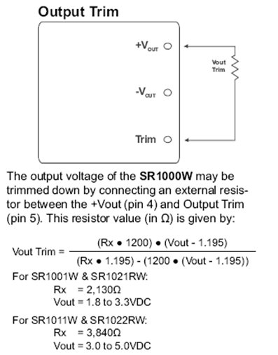 Anschlusszeichnung zu MicroPower Direct SR1000W-Serie: Schaltregler im SIP-Gehäuse zur Spannungsregelung und Leiterplattenversorgung.