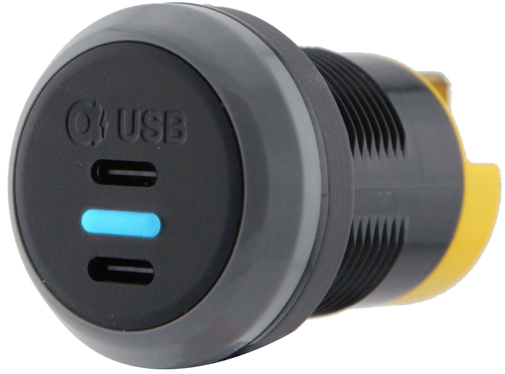 Alfatronix PV65R-CC USB-Ladegerät zum Fahrzeugeinbau mit runder Front, zwei USB-C-Anschlüssen und blauer Anzeige.