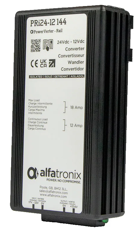 Alfatronix PRi24-12 144 DC/DC-Spannungswandler mit schwarzem Kühlrippengehäuse und weißem Typenschild.