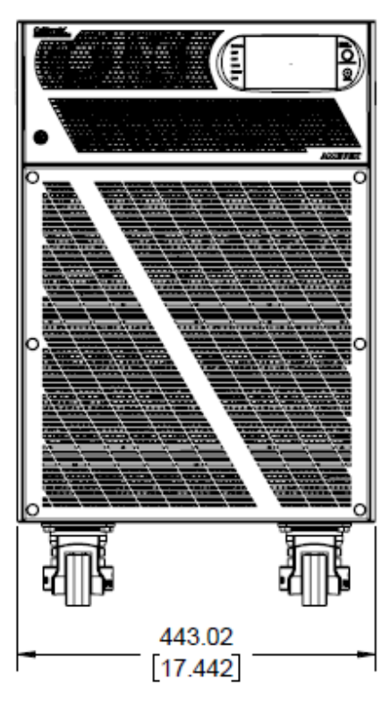 Technische Frontzeichnung einer California Instruments (AMETEK) Asterion AC in 14U-Bauform, Enhanced-Serienbeispiel für Netzsimulation, Labortests und automatisierte Prüfstände.