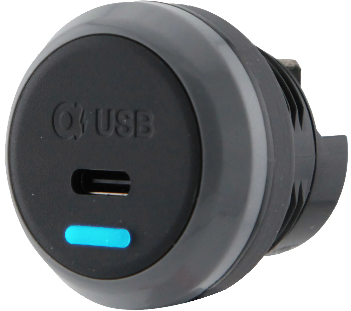 Alfatronix PVPro-C USB-Ladegerät zum Fahrzeugeinbau mit runder Front, einem USB-C-Anschluss und blauer Anzeige.