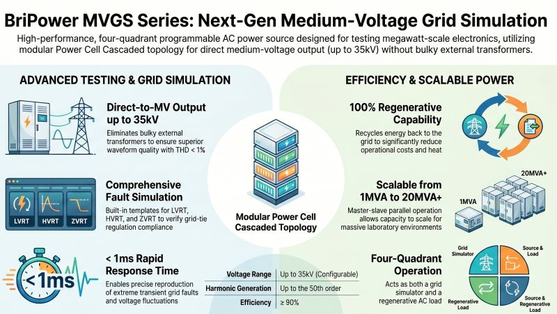 BriPower MVGS-Infografik mit System- und Anwendungsgrafiken zu Netzsimulation, Photovoltaikprüfung und Windenergieprüfung.