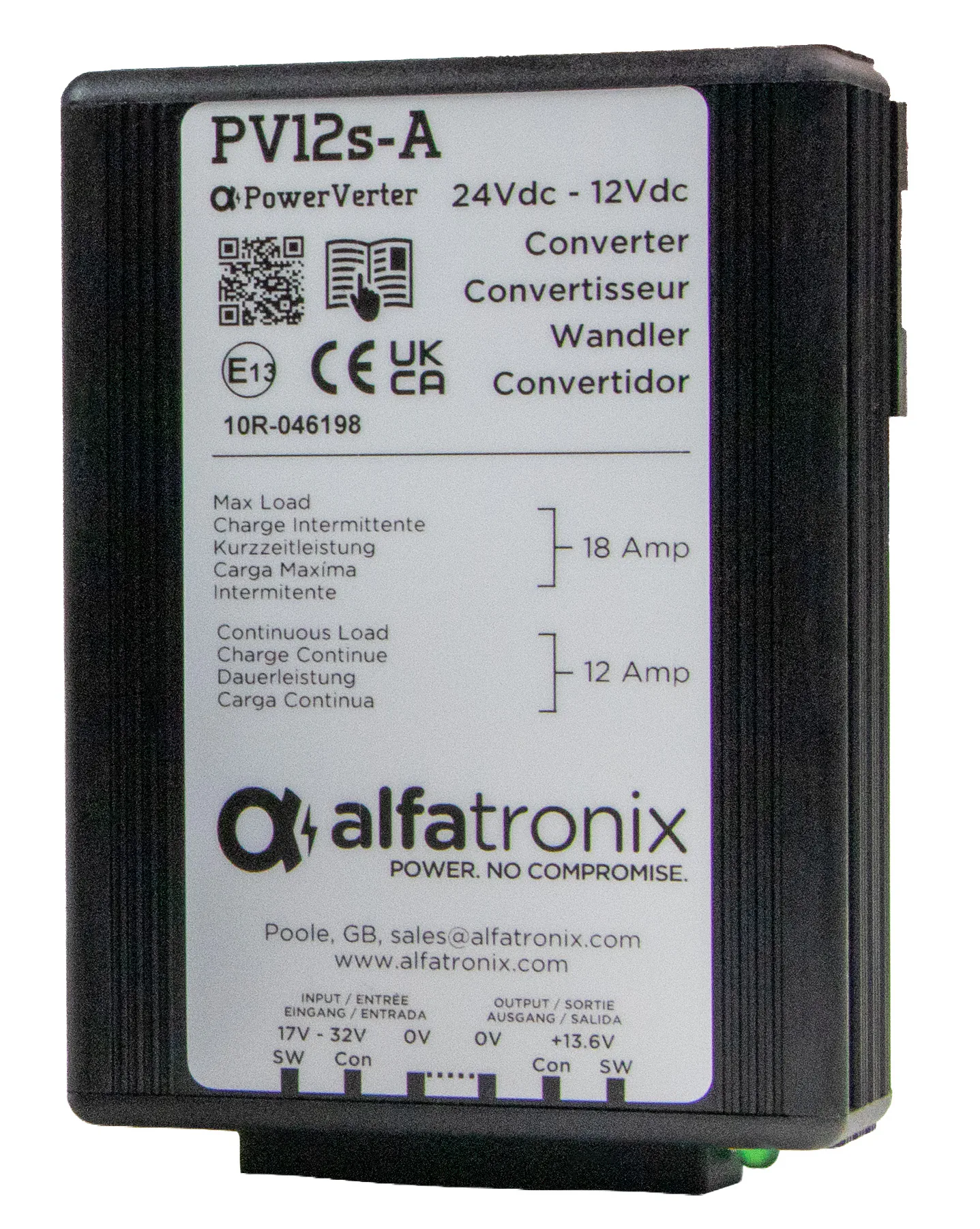 Alfatronix PV12s-A DC/DC-Spannungswandler mit schwarzem Kühlrippengehäuse und sichtbarem Typenschild.