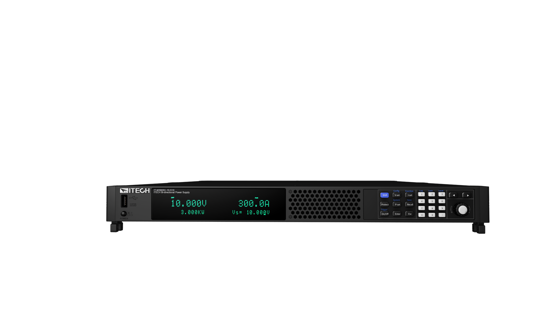 Serienabbildung ITECH IT-M3900C: Bidirektionale DC-Stromversorgung in Frontansicht mit flachem Gehäuse und Display für Batterietests und Elektronikprüfung.