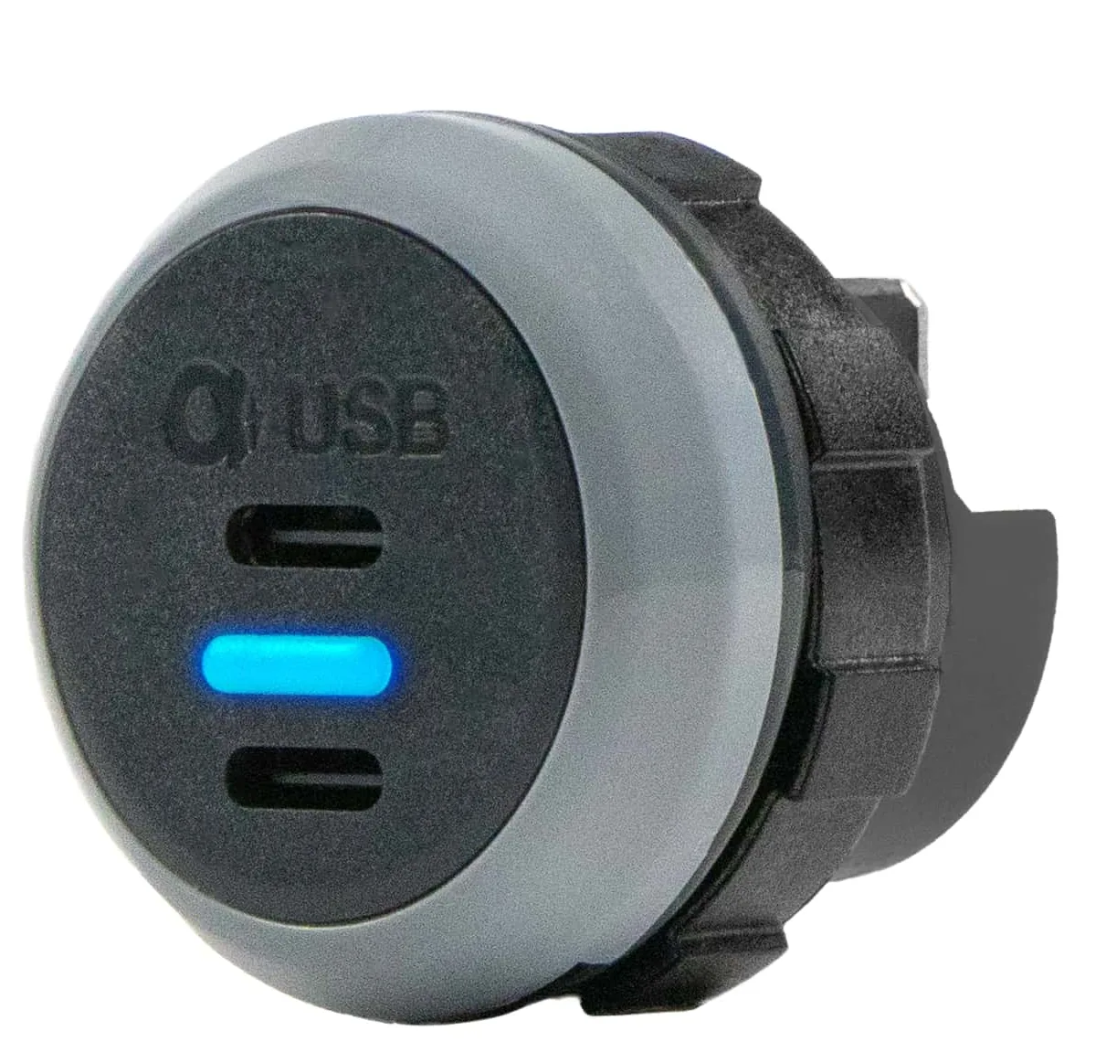Alfatronix PVPro-CC USB-C-Einbauladegerät mit zwei USB-C-Anschlüssen, grauer Front und blauer LED-Anzeige.