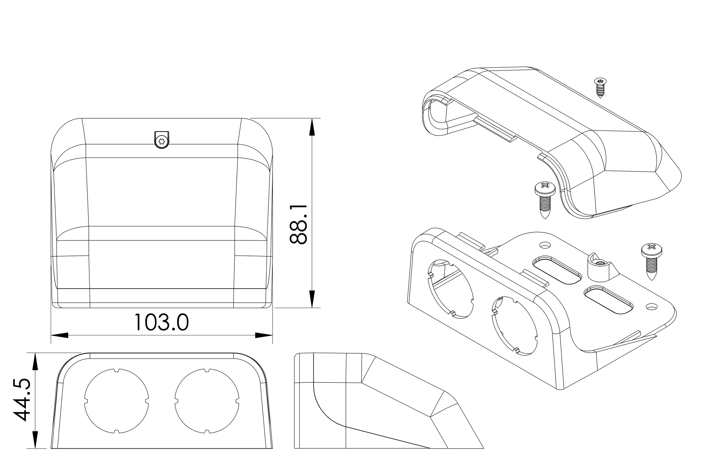 Herstellerzeichnung des Alfatronix USB-TPOD Tischgehäuses für zwei USB-Ladegeräte mit Maßansichten und unbestücktem Gehäuse.