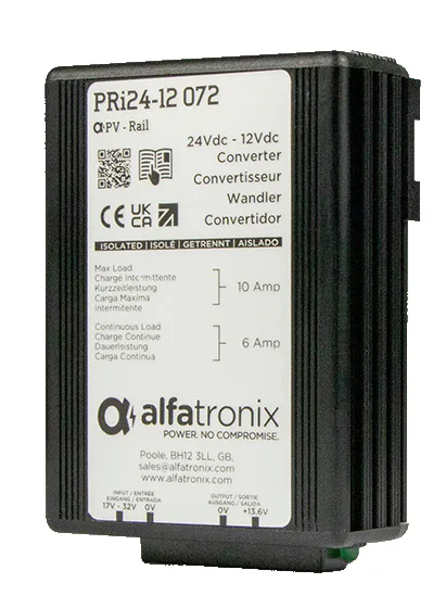 Alfatronix PRi24-12 072 DC/DC-Spannungswandler mit schwarzem Kühlrippengehäuse und weißem Typenschild.