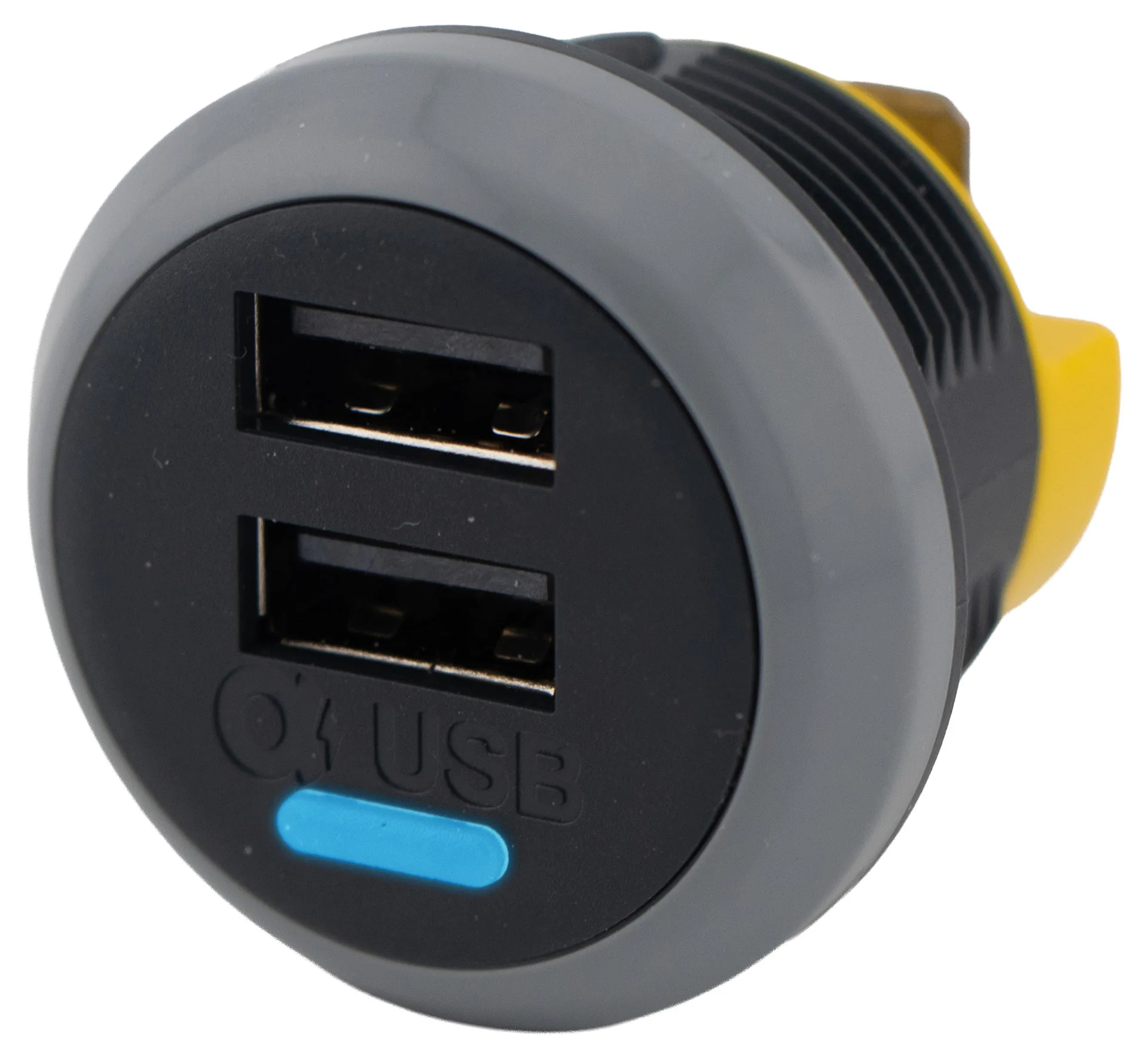 Alfatronix PVPWp-AA USB-Ladegerät zum Fahrzeugeinbau mit runder Front, zwei USB-A-Anschlüssen und blauer Anzeige.