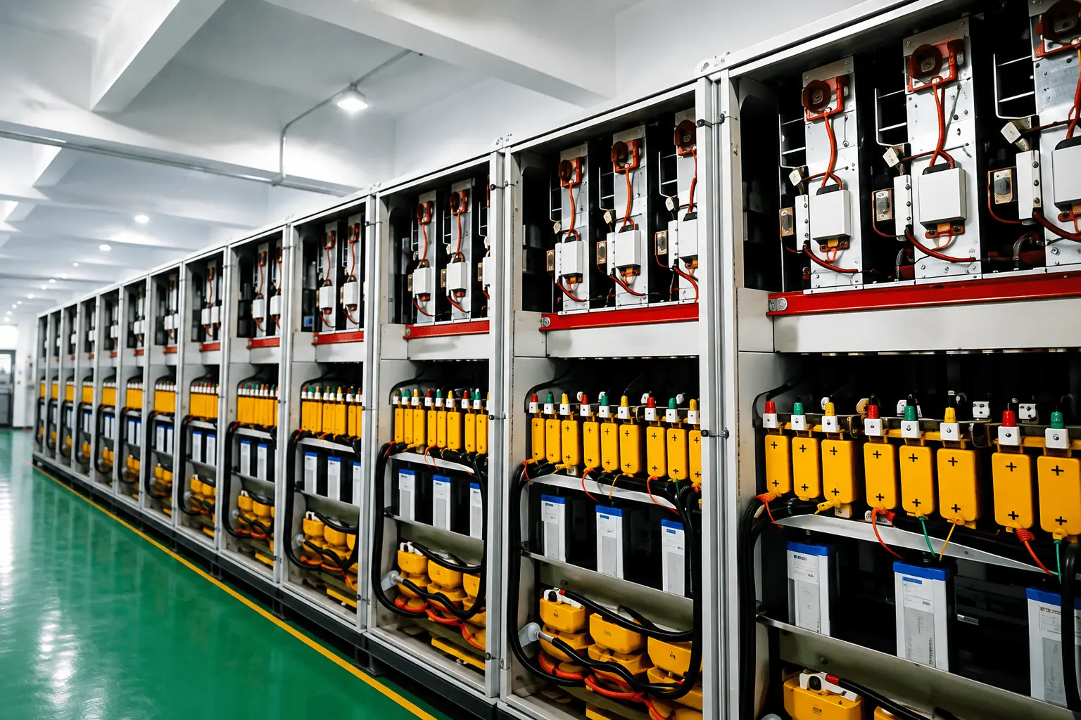 Reihe geöffneter Schaltschränke mit elektrischen Verbindungen im BriPower-Prüfumfeld für Netzsimulation und Leistungselektronikprüfung.