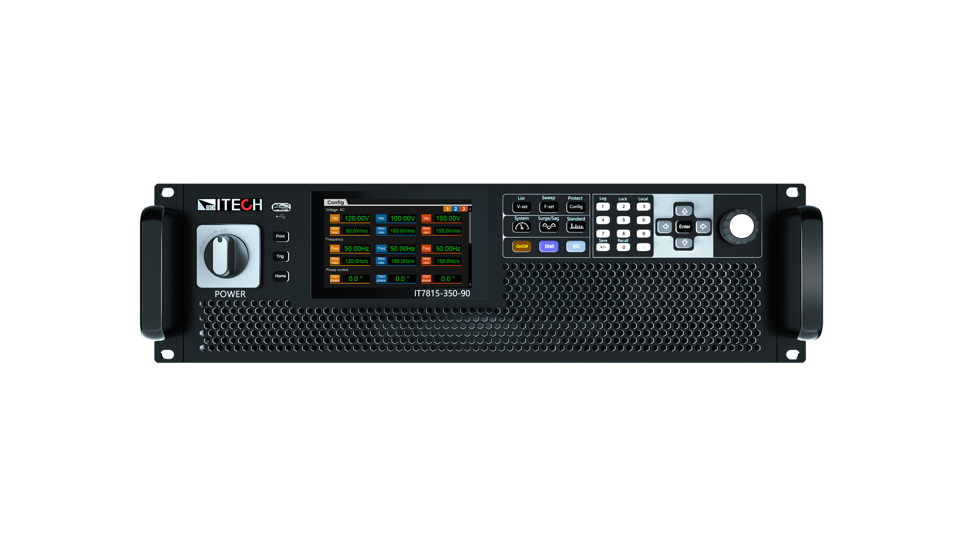 Serienabbildung ITECH IT7800: Programmierbare AC/DC-Stromversorgung in Frontansicht mit Farbdisplay und Tastenfeld für AC-Prüfstände und Elektroniktests.