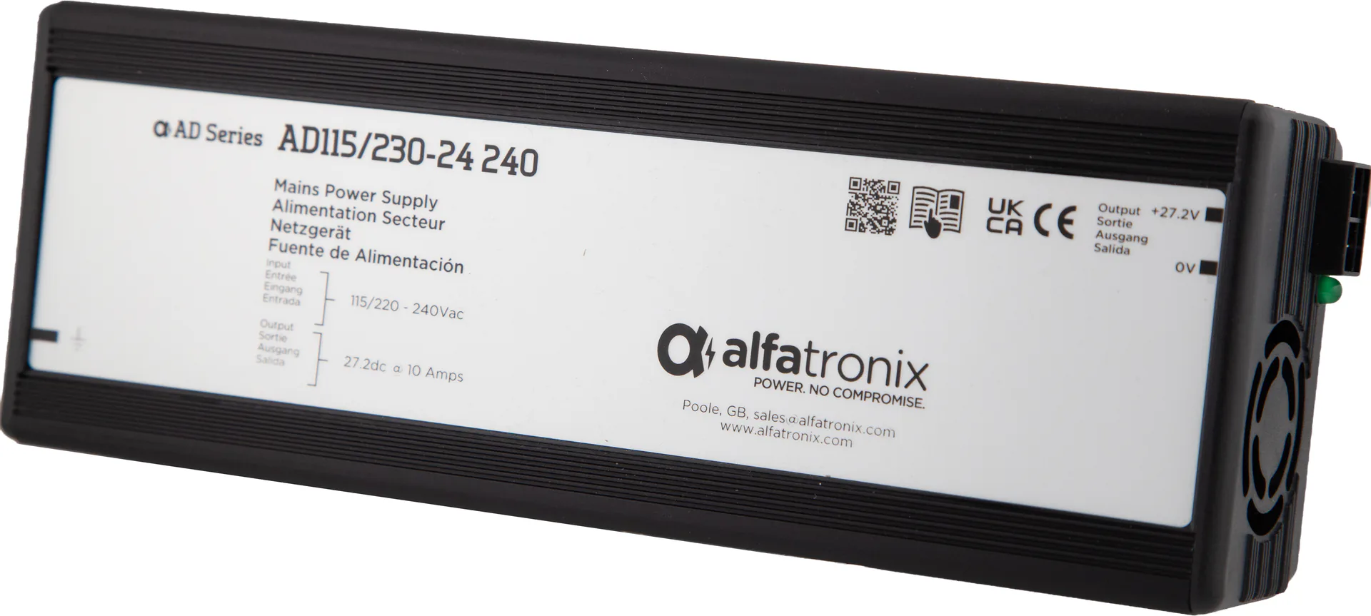 Alfatronix AD 115/230-24 240 AC/DC-Netzteil zur Stromversorgung im schwarzen Gehäuse mit frontseitigem Typenschild, schräg von vorn.