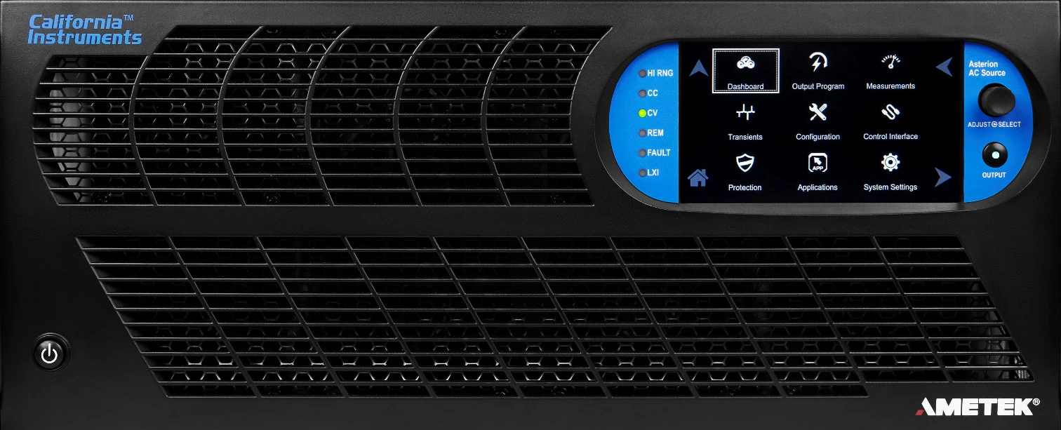 Front einer California Instruments (AMETEK) Asterion ASC AC-Quelle in 4U-Bauform als Serienbeispiel für Netzsimulation, Labortests und automatisierte Prüfstände.