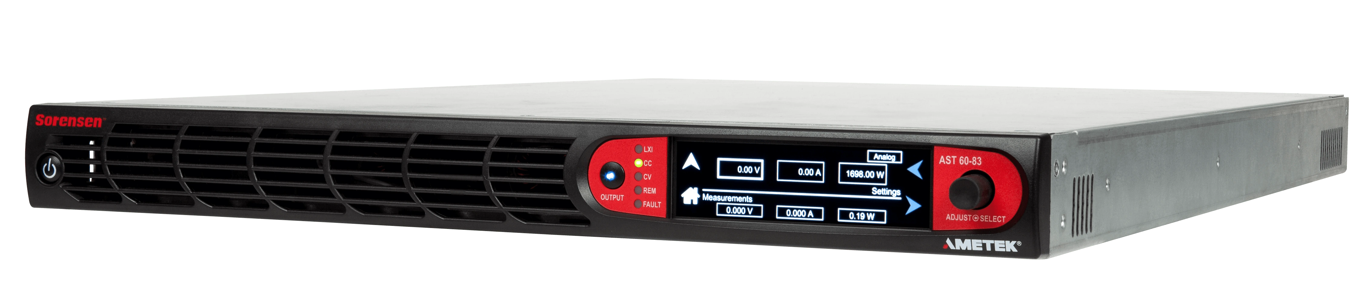 Programmierbares Sorensen (AMETEK) Asterion DC-Netzgerät AST 60-83 für Elektronikprüfung, Batterieladung und automatisierte Produkttests, in Schrägansicht mit Touchdisplay.