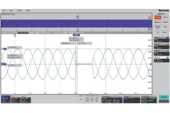 Oszilloskopdarstellung einer dreiphasigen Spannungsunterbrechung im BriPower-Prüfkontext für Netzsimulation und Netzfehlertests.